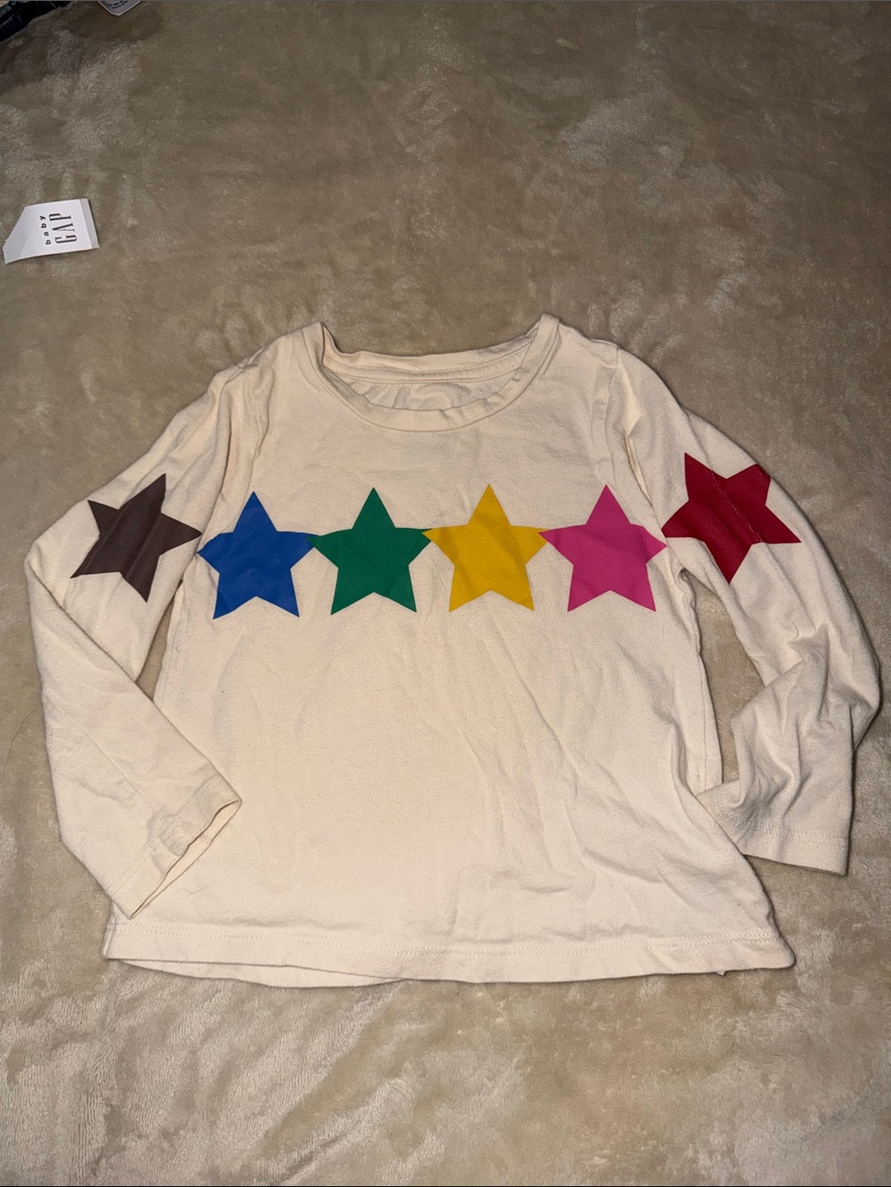 GAP Cream Long-Sleeve Tee with Multicolor Star Appliqués